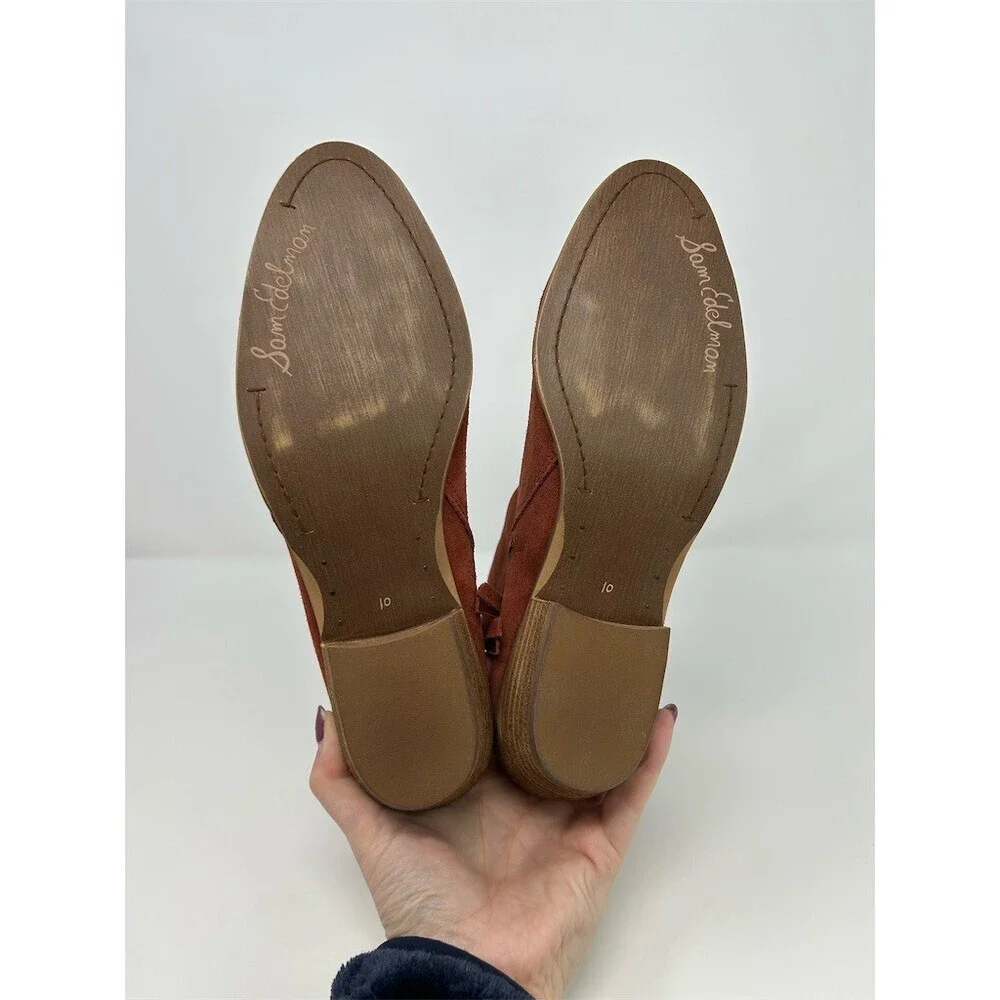 Sam Edelman Womens Ankle Booties Rust Red Side Zip Tassel Block Heel Almond 10
